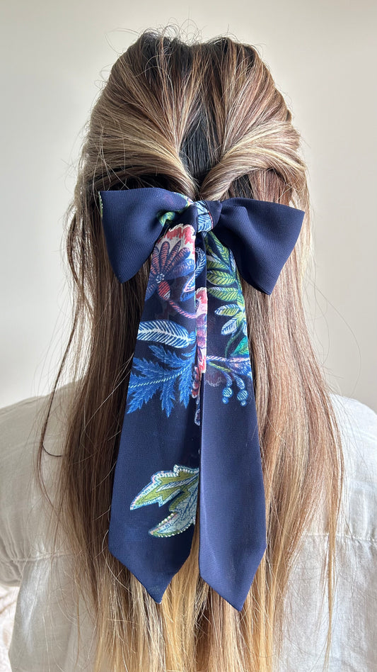 Navy Blue Whimsical Floral Skinny Scarf